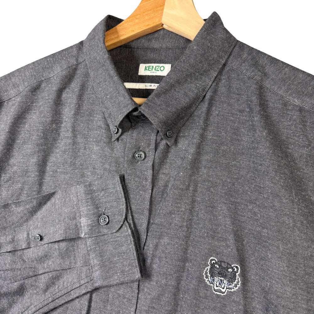 Kenzo Paris Tiger Crest Slim Fit Shirt Charcoal Grey Cotton F965CH2041GF Mens 43